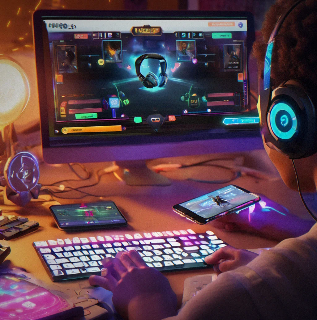 Person wearing headphones at desk with rhythm game interface glowing in background