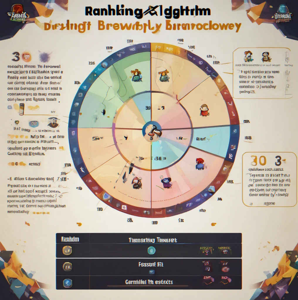 Ranking algorithm breakdown showing accuracy weight 40%, completion rate 35%, difficulty tier 25% in a pie chart overlay on gameplay